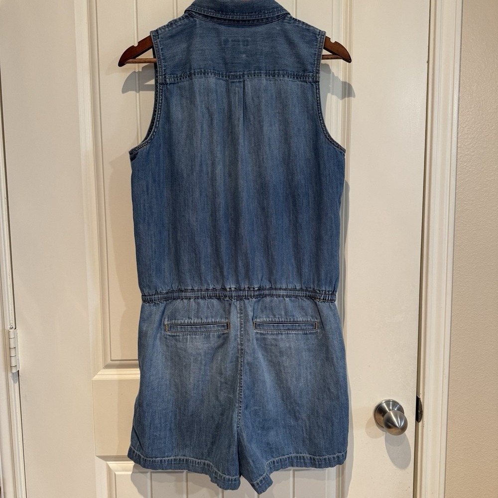 LRL Lauren Jeans Co Denim Romper Womens 12 Chambray Sleeveless Utility Tie Waist - Picture 2 of 13